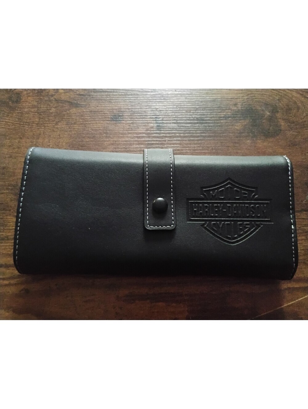 Harley-Davidson Black Leather Tri-Fold Clutch Wallet Embossed Motor Co Logo